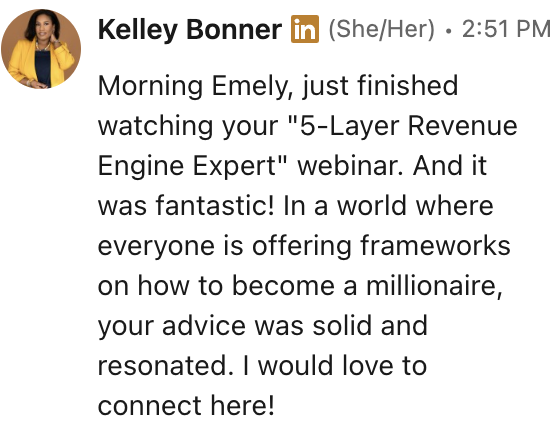 LinkedIn message from Kelley Bonner praising Emely's masterclass